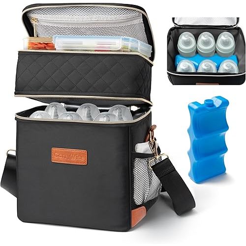 Breastmilk Cooler Bag with Ice Pack, Black Double Layer Insulated Baby Bottle Storage Fits 6 Bottles up to 9oz, Portable Breast Milk Cooler Travel Bag, Breast Pump Bag for Nursing Moms & Daycare
