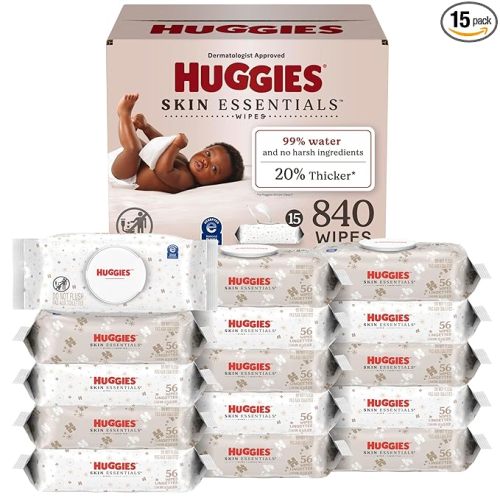 Huggies Skin Essentials Baby Wipes, Hypoallergenic, 99% Water, 15 Flip Top Packs (840 Wipes Total)