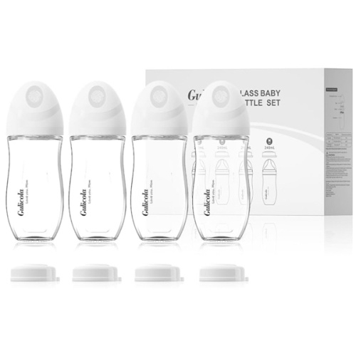 Natural Glass Baby Bottle 8 oz for Breastfed Babies, Anti-Colic Baby Bottle Set with Medium Flow Nipple, 3 Months +, 4 Pack - White