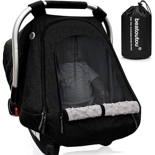 beatoutou Baby Car Seat Cover,Patented Waterproof Baby Car Seat Cover for Boys & Girls,Infant Car Seat Cover Canopy for Girls,Windproof Car Seat Canopy for Boys, Keeps Babies Warm and Cozy (Black)