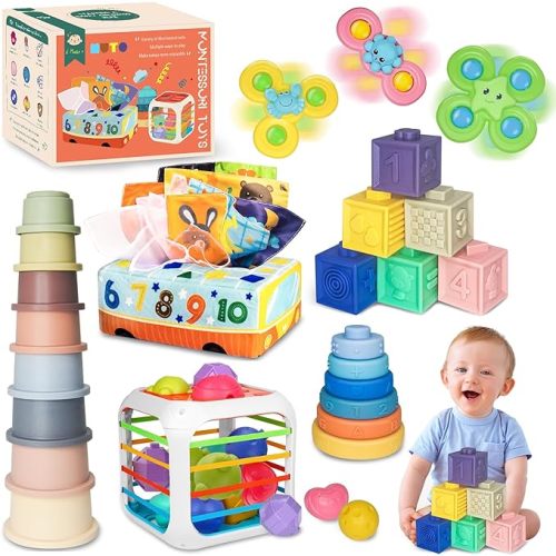 Baby Toys 6-12 Months, 6 in 1 Montessori Toys for Babies, 42PCS Sensory Toys with Stacking Cups, Suction Cup Spinner Toys, Baby Tissue Box Toy, Shape Sorter, Stacking Rings, Baby Blocks