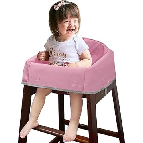 Dual-Belt Baby High Chair Cover, Upgrade Version, for Wooden or Restaurant High Chair, Sturdy and Robust Material, Waterproof Washable Stain and Slip Resistant, Pink