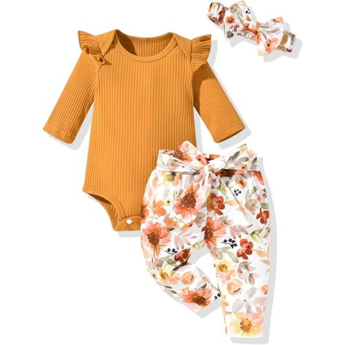 Aalizzwell Preemie Newborn Infant Baby Girls Clothes Ribbed Romper Bodysuit Pants Set Fall Winter Outfits