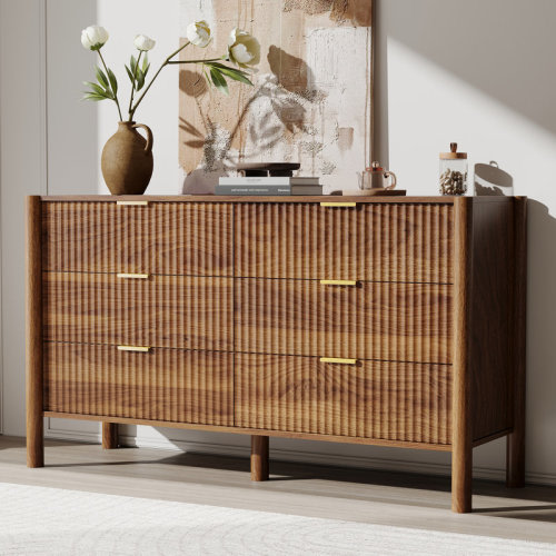Ebern Designs 55.1" W 6 Drawer Dresser, Fluted Wood Chest Of Drawers With Solid Wood Legs For Bedroom, Living Room,Walnut | Wayfair