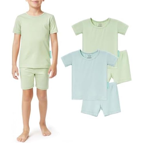 SuperSoft Short Sleeve Toddler Pjs Set, 4-Piece Bamboo Viscose Unisex Sleepwear, Baby Boys Girls Sung Fit Summer Clothes