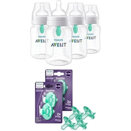 Bundle of Philips Avent Anti-Colic Baby Bottle with AirFree Vent, 9oz, 4pk, Clear, SCY703/04 + Philips Avent Soothie 0-3 Months Orthodontic Baby Pacifiers, BPA-Free, Green, 4 Pack, Model SCF190/41