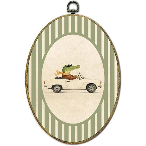 Crocodile Car Wall Art Decor, Rustic Oval Canvas Framed Prints
