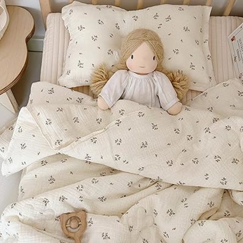 BuLuTu Pink Flower Toddler Blanket Double Layers Cotton Muslin Quilted Blanket Toddler Girls Boys Comforter (No Pillow) Kids Room Decor, Primrose Pattern, 47"x59"