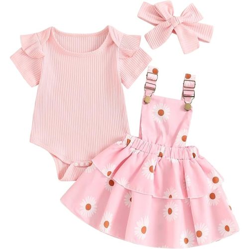 Mubineo Baby Girl Summer Clothes Cute Outfits Short Sleeve Romper Overall Skirt Dress Headband 3PCS Newborn Outfit - Pink Daisy - 12-18 Months