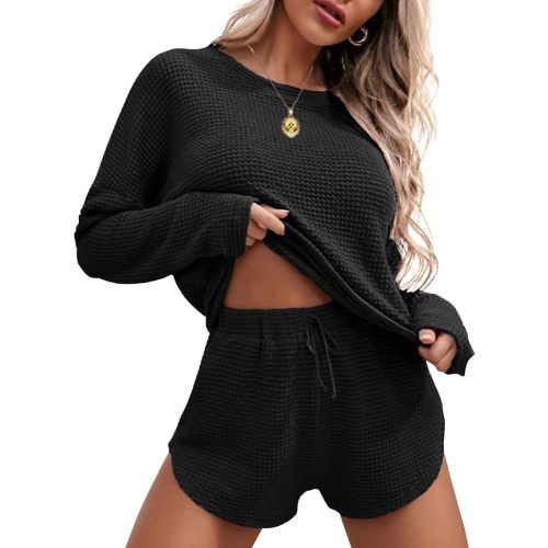 Ekouaer Womens Waffle Knit Pajama Sets Long Sleeve Top and Shorts Matching Lounge Set Loungewear Sweatsuit with Pockets