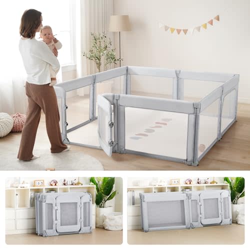 Large Baby Playpen for Babies and Toddlers 79x71 Inch, Adjustable Foldable Indoor & Outdoor Play Pen for Toddlers Twins Baby Fence Play Yards with Breathable Mesh Anti-Fall Playpen,Grey