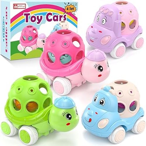 Baby Car Toys for 6-12 12-18 Months 1 Year Old Girls- 4 Pack Rattle Push N Go Cars for Toddlers 1-3 Years, Infant Trucks Toys for Babies Girl Boy 1yr 2yr First Birthday Gifts