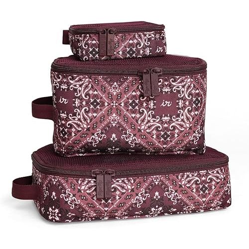 Itzy Ritzy Packing Cubes for Travel – Set of 3 Packing Cubes or Travel Organizers – Each Cube Features a Mesh Top, Double Zippers and a Fabric Handle (Paisley Wine)