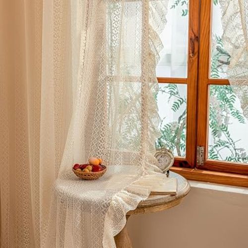 Sutuo Home Ruffle Boho Curtains 2 Panels, Lace Curtains for Kitchen Nursery Semi Sheer Crochet Vintage Bohemian Drape Privacy Rustic Geometry Retro Window Treatments Rod Pocket, 50" x 63" Beige