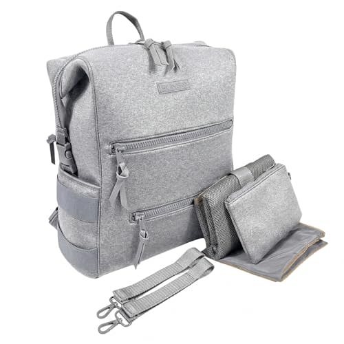 BUNSO Neoprene Diaper Bag Backpack, Water-resistant, Travel Baby Bag With Changing Pad, Stroller Straps, Wet Bag and Pouch (Gray)