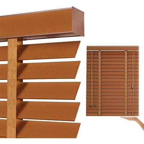 2" Wood Blinds, Cordless Blackout Faux Blinds, Wooden Blind for Indoor Windows, Horizontal Window Shades Custom 12" 21" 26" 28" 34" 38" 40" 60" 70" 72" for Home Office Door Windows(Brown A)