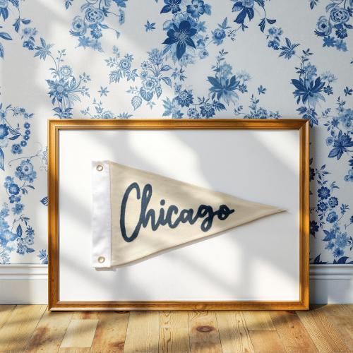 Hand Embroidered Vintage pennant Flag | Custom Chicago City flag | Home Office Decor | Trending Popular Wall Art | Unique Handmade Gifts
