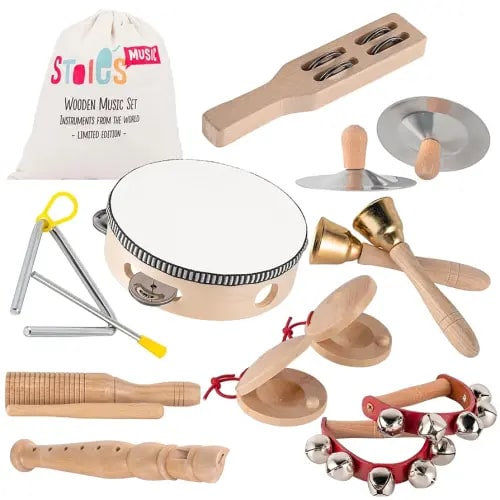 Stoie's Wooden Kids Musical Instruments for 1-9 Years Old, with Drum, Flute, Hand Bells, Cymbals, Castanets, Triangle, for Babies and Toddlers, Durable, Safe, Montessori Educational Toy, Storage Bag