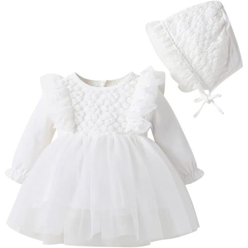 Toddler Baby Girl Long Sleeve Fall Dress Flower Lace Wedding First Birthday Baptism Christening Dresses with Hat Outfit