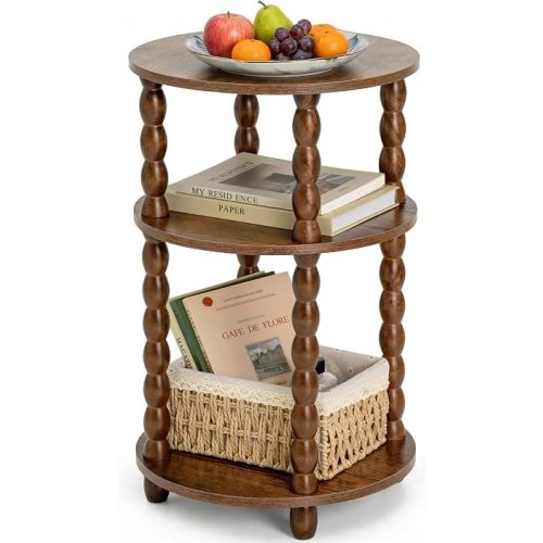 3-Tier Round Side Table, Small End Table with Solid Wood Spindle Legs Brown