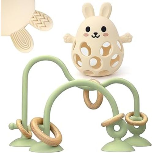 Baby High Chair Suction Toys Teething Chew - Baby Teething Toys Silicone Teethers Table Toys, Food Grade Silicon for 6 12 18 Months (GreenCream)
