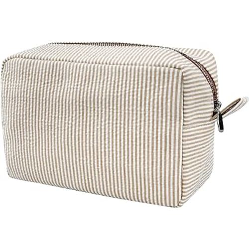 GFU Cosmetic Bags for Women, Seersucker Cosmetic Bag, Travel Toiletry Stripe Makeup Bag, Large Women Aesthetic Organizer Storage Pouch, Girls Handbags Purses, brown