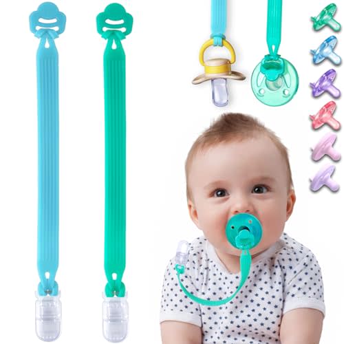 Silicone Pacifier Clip with Adapter Ring for Philips Avent Soothie, 2 Pack One-Piece Soft Binky Clips Holder for Baby Boys Girls, Anti-Loss Paci Clips for Baby Shower Newborn Essentials, Blue Green