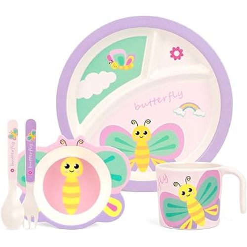 Kids Dinnerware Set 5-Pieces Includes Divided Plate Bowl Cup Fork Spoon Utensils, BPA Free Bamboo Fiber Material Perfect for Toddler Girls (Purple - Butterfly Theme)
