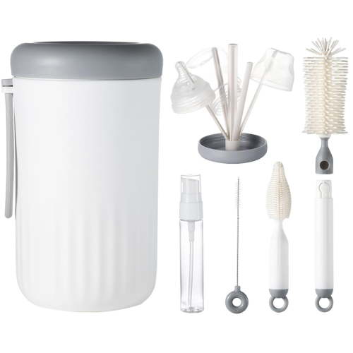 Bottle Cleaning Kit, 6 in 1 Silicone & Nipple Brush, Straw Brush, Drying Rack, Dispenser, Organizer - Travel Essentials for New Moms