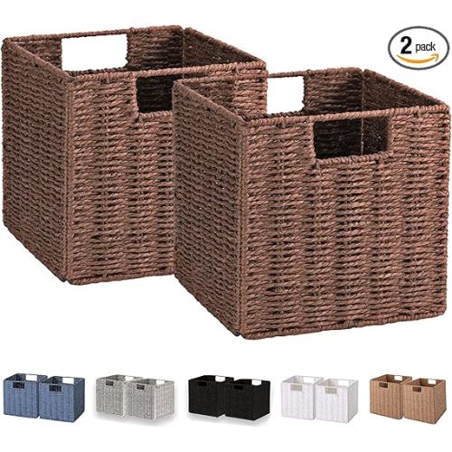 Vagusicc Wicker Storage Basket, Set of 2 Hand-Woven Storage Baskets for Shelves, Foldable Cube Storage Baskets Bins with Handles, 9 inch Small Wicker Baskets for Organizing Pantry Bedroom, Brown