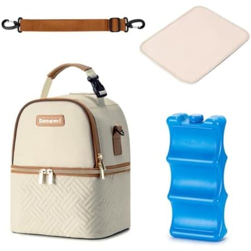 Docami Breastmilk Cooler Bag with Ice Pack & Mat Fit 6 Bottles Up to 9 Ounce, Breast Milk Pump Cooler Bag for Moms Daycare,Work&Travel, Cream