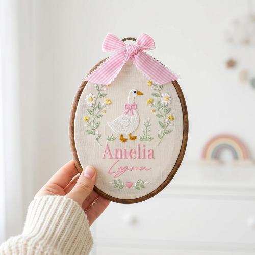 Custom Embroidered Baby Name Sign, Gender Neutral Baby Announcement, Goose Nursery Decor