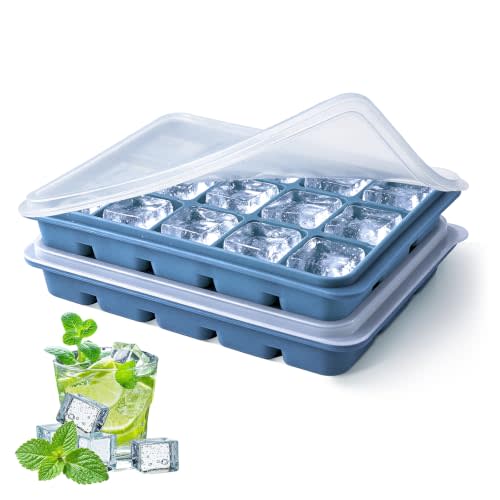 Ice Cube Trays Set of 2, 15-Cube Silicone Molds with Removable Lids | Stackable, easy release, BPA-free, reusable, for freezer and whiskey