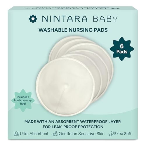 Nintara Baby Reusable Nursing Pads – 4-Layer Organic Bamboo Cotton, Ultra-Soft, Absorbent & Leak-Proof, Contoured Comfort Fit, Pack of 6 with Laundry Bag