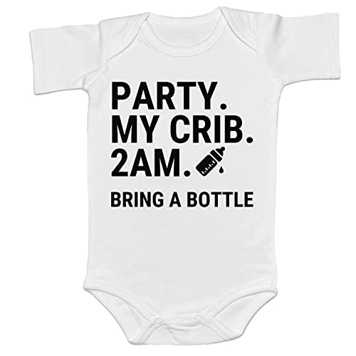 Baby Girl Boy Announcement Bodysuit Party at My Crib Bring A Cute Bottle Baby Onesie Baby Room Humor Pregnancy Reveal (0-6 Months, Letter Print-Romper)