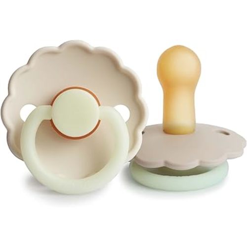 FRIGG Daisy Night Natural Rubber Baby Pacifier | Made in Denmark | BPA-Free (Croissant/Cream, 6-18 Months) 2-Pack