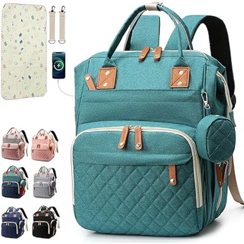 Diaper Bag Backpack Baby Bag, Baby Girl Boy Diaper Bag for Dad Mom with Pad, 16 Pockets, Pacifier Case, Large Diaper Bags Unisex for Travel (Green)