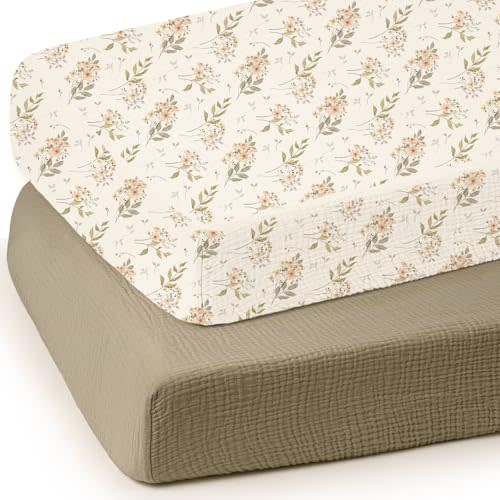 lulumoon Baby Crib Sheets Fitted: Soft Muslin Cotton Sheets for Standard Crib - Olive Floral for Girls 2Pack