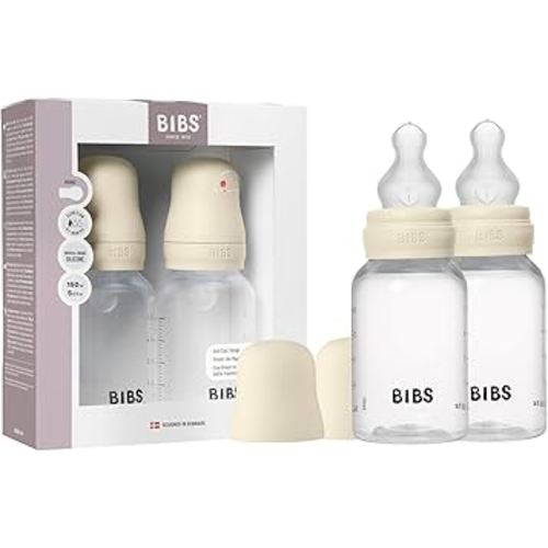 BIBS Baby Bottle 5 oz / 150 ml Silicone Nipple 2 Pack - Anti-Colic, BPA-Free, Round Nipple, Slow Flow, Lightweight & Easy to Clean, Suitable for Newborns 0+ Years - Ivory