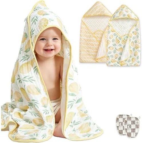 2 Pack Hooded Baby Bath Towel, 32x32'' 100% Cotton Receiving Towels, Soft Absorbent with Wash Mitts, Starry Waves & Pear Prints, Unisex Newborn Toddler, Shower Registry Gift