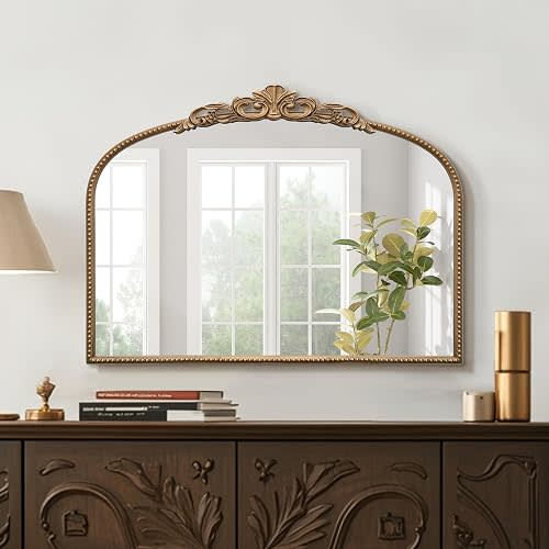 Micasso Vintage Gold Arched Mirror: 32"x24" Baroque Antique Vanity Mirror