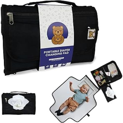 Portable Diaper Changing Pad, Waterproof Travel Baby Changing Mat with Wipes Pocket, Compact Foldable, Gift for Babyshower, Newborn Boys & Girls (Black)