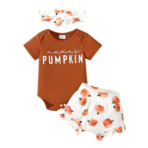 Halloween/Thanksgiving Baby Girl Outfit Pumpkin Romper+Ruffle Shorts Set+Headband Newborn Fall Clothes Clothing