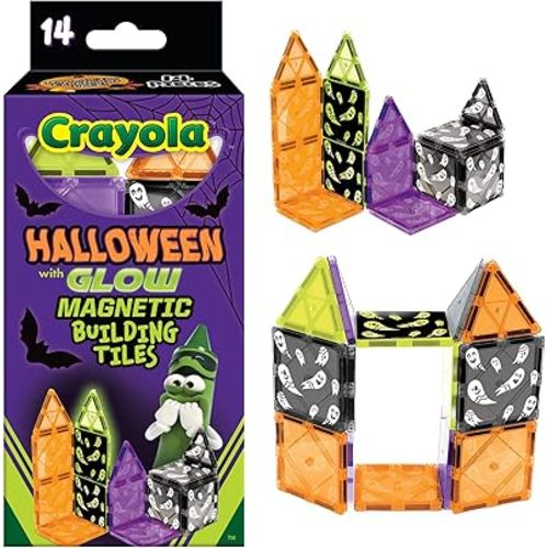 CreateOn Crayola Magnetic Tiles, Building Set for Kids, Halloween Toy for Kids, Travel Toys, Classroom Sensory Blocks, STEM & Montessori for Boys & Girls Ages 3+, 14-Piece Set (Halloween)