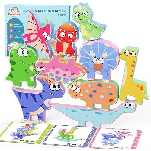 Zeoddler Montessori Toys for Toddlers, 10 Pack Wooden Dinosaur Stacking Blocks, Sorting & Stacking Preschool Learning Activities, Gift for Boys, Girls