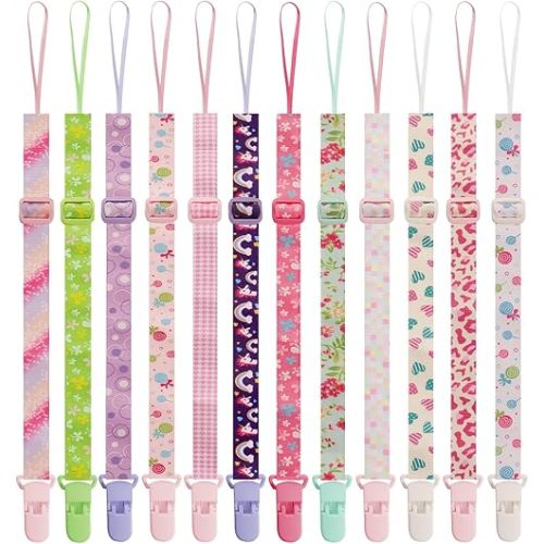 12 Pack Pacifier Clips with Adjustable Strap (32-46.5cm) - Premium Polyester Baby Pacifier Holder Set, Multi-Design Clips for Boys Girls (Multi Color A)