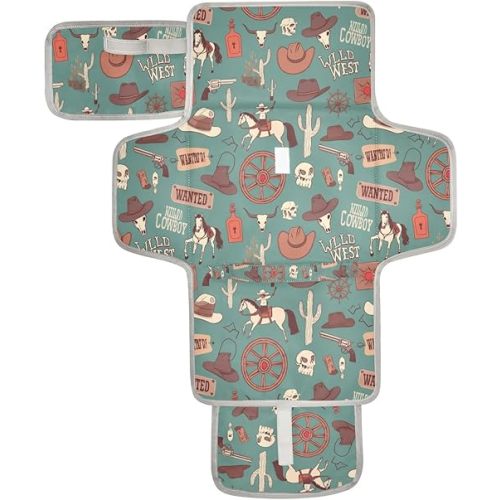 Caikeny Cowboy Teal Blue Baby Portable Changing Pads Wild West Toddler Changing Mat Station Pad Reusable Diaper for Infants Baby Newborn Girls Boys