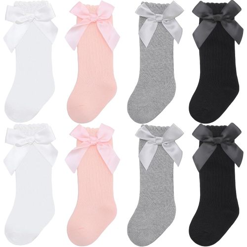 8 Pairs Baby Girl Knee High Socks with Bow Ruffles Toddler Soft Cotton Long Tube Stockings,0-12 Months
