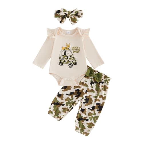 Newborn Baby Girl Outfits Camo Deer Print Romper Pants 3pcs Daddy’s Hunting Buddy Clothes Set Fall Winter