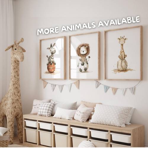 Set of Three Sports Nursery Art, Animal Sports, Baby animal sports, Boy Sports Nursery Basketball Football Baseball Nursery Animals Wall Art